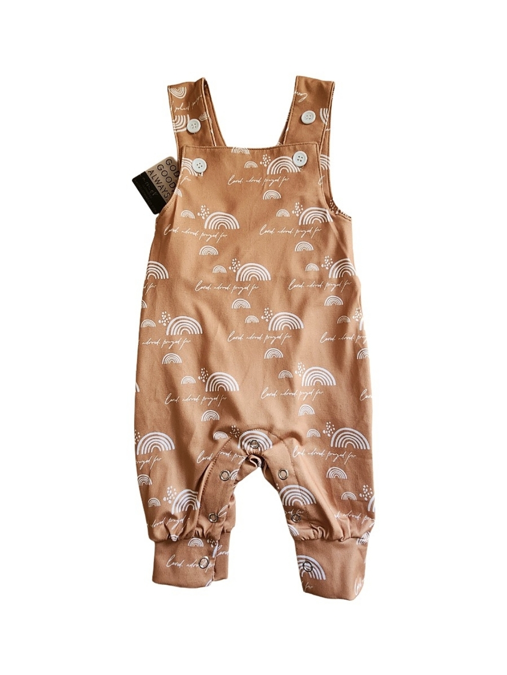 "Loved. Adored. Prayed for." Rainbow Tan & White Baby Romper (0-3m) NWT